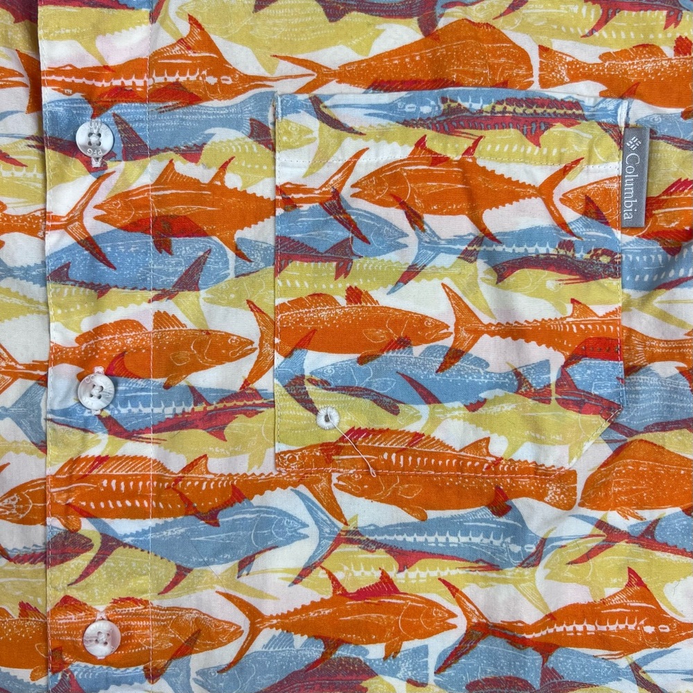 Columbia PFG XL Orange Blue Fish Print Mesh Button Up Short Sleeve Shirt - Picture 3 of 9